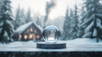Poster - A crystal sphere rests on a stone surface, reflecting a cozy cabin amidst a snowy landscape. Surrounding fir trees complete the serene winter scene as gentle snowflakes fall softly around.