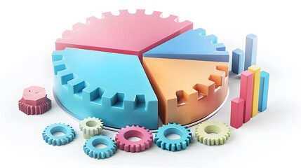 business pie chart cogwheel 3d illustration profit growth setting configuration connection, white background --ar 16:9 --v 6