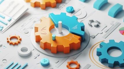 business pie chart cogwheel 3d illustration profit growth setting configuration connection, white background --ar 16:9 --v 6