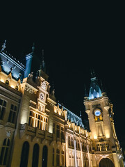 Close up of the Palace of Culture at night, Iasi, Romania