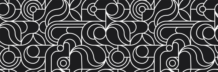 black and white linear seamless pattern.geometric background with circles, arcs and arches.texture f