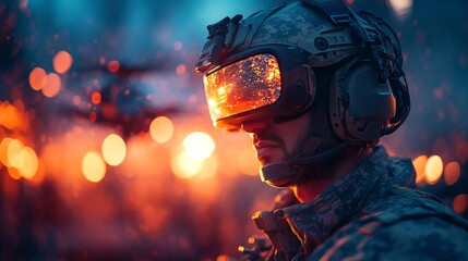 Aufkleber - A soldier equipped with high-tech goggles monitors drone movements as the backdrop glows with orange and blue hues during twilight, showcasing a modern tactical operation.