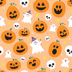 Wall Mural - design of halloween pattern with cute pumpkin lanterns, ghosts and skulls. vector illustration