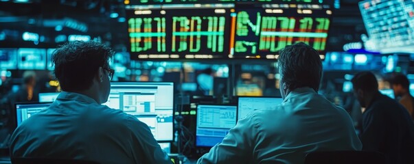 Two men working late at night in front of computer