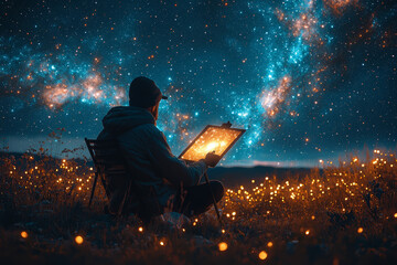 Wall Mural - an artist painting the night sky filled with stars, symbolizing the creation of the universe. concep