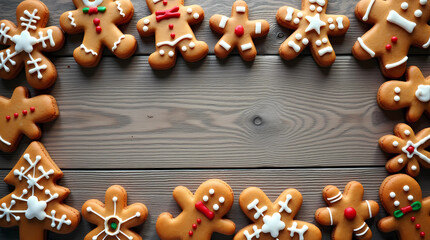 Lebkuchen in verschiedenen Formen und Verzierung auf Holzuntergrund. Copy Space