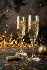 Two glasses of champagne with gold confetti and ribbons, celebrating a special occasion or event.