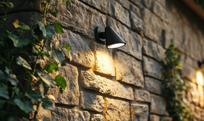 Wall Mural - Stone wall with a light fixture and greenery.