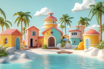 A vibrant beach side town rendered in 3D, featuring colorful houses, palm trees, and a serene blue water setting that captures a sunny day in a tropical paradise