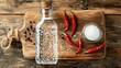 © fivan - Crystal-clear Ranch Water in a glass bottle, isolated on a wooden board with decorative chili peppers and a small jar of salt