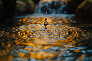 Wall Mural - A single drop of water giving rise to a flowing river, symbolizing the birth of something great from the smallest beginnings. Concept of transformation.