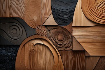 The display features a variety of abstract wood patterns highlighting unique textures and colors that evoke a sense of natural beauty and creativity