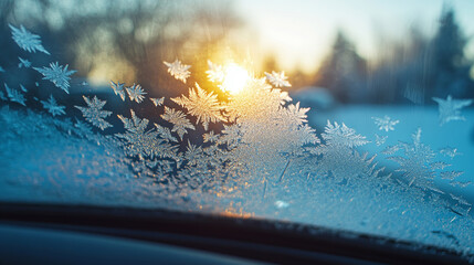 Wall Mural - Glistening frost-covered car windshield against a winter sunset, creating a stunning pattern against nature's backdrop. Ideal for winter and holiday projects, capturing the enchantment of the season