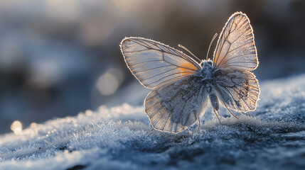 Wall Mural - frozen surface with a delicate butterfly covered in frost, glowing in the warm light of the rising s