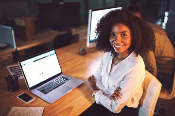 Aufkleber - African woman, portrait and laptop in office for business research, communication and client feedback. Employee, smile and tech in workplace at night for networking, deadline and project approval