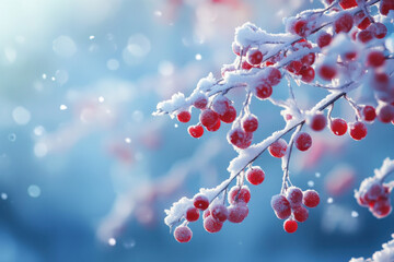 Canvas Print - Red berries on a snowy branch, a vibrant contrast against the wintry backdrop.