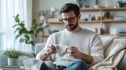 Canvas Print - A man enjoys knitting a cozy blanket in his stylish living room during a sunny afternoon