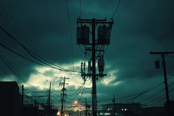 Dark street with power lines and wires stretching across buildings, creating a stark contrast against the night sky, evoking an urban and mysterious atmosphere.