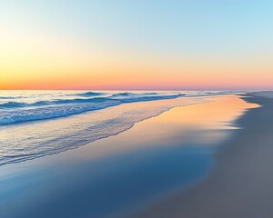 Wall Mural - a calm quiet beach at dawn with the first light of day reflecting off the water and the sand beneath