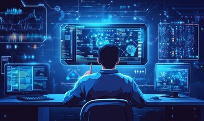 A man sits in front of multiple computer screens.