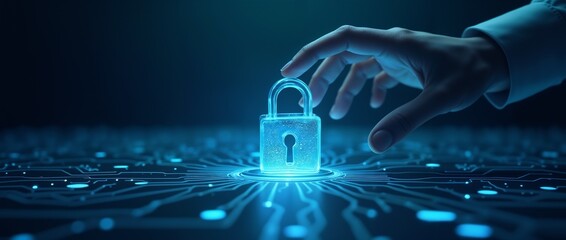 a hand reaching over a digital circuit board with a glowing padlock symbol, representing secure data