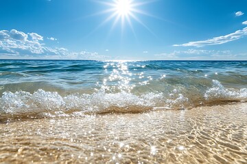 Wall Mural - Clear ocean waves rolling towards a sandy beach the water sparkling under the midday sun