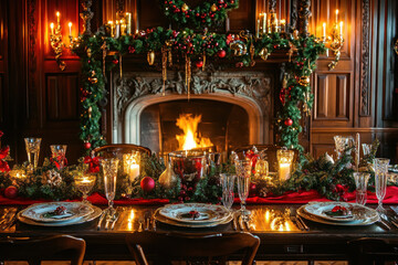 Wall Mural - Christmas table setting with candles and festive decorations - a warm and inviting display for a holiday meal.