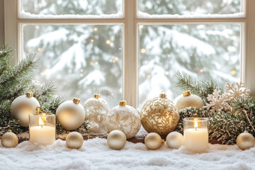 Canvas Print - Christmas decorations on a window sill with twinkling lights, red ribbons, and a miniature tree.