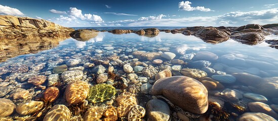 Wall Mural - Crystal-clear tide pools reflecting the sky filled with small marine life and smooth stones on a rocky beach