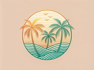 Tropical Island Line Art Design with Palm Trees