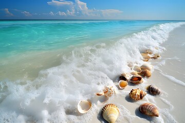 Wall Mural - Crystal-clear turquoise waves gently washing over white sand with sun-drenched shells scattered across the shore