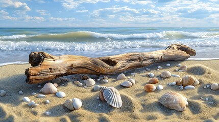 Wall Mural - Driftwood resting on a sandy beach surrounded by small stones and shells with the ocean waves rolling in the distance
