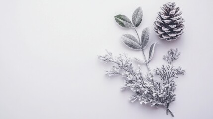 Leinwandbilder - A snowy pine cone and two sprigs of greenery with a white, frosty coating are arranged on a plain white background.