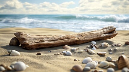 Wall Mural - Driftwood resting on a sandy beach surrounded by small stones and shells with the ocean waves rolling in the distance