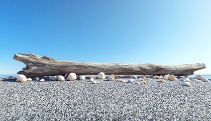 Wall Mural - Driftwood resting on the shoreline surrounded by tiny seashells and smooth stones under a cloudless sky