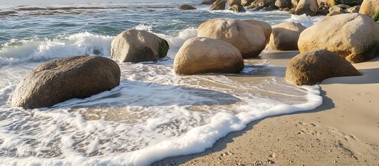 Wall Mural - Gentle waves lapping at the base of large smooth boulders that sit scattered along a secluded beach