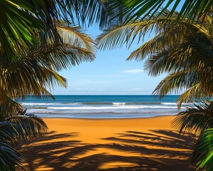 Wall Mural - palm trees framing a stunning view of the ocean their long shadows stretching across the golden sand