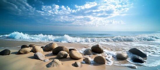 Wall Mural - Rocks scattered along the edge of a sandy beach with waves crashing gently against them under a bright sky