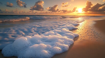 Wall Mural - Soft waves rolling over a sandy beach leaving behind bubbles of foam as the sun sets behind the horizon