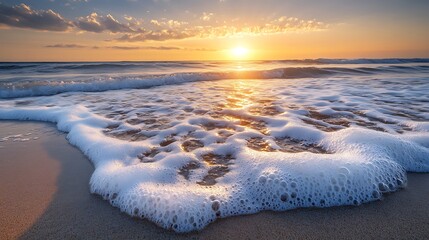 Wall Mural - Soft waves rolling over a sandy beach leaving behind bubbles of foam as the sun sets behind the horizon