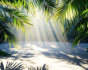 Wall Mural - Sunlight filtering through palm leaves onto the sandy beach below casting intricate shadows across the ground
