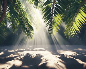 Wall Mural - Sunlight filtering through palm leaves onto the sandy beach below casting intricate shadows across the ground