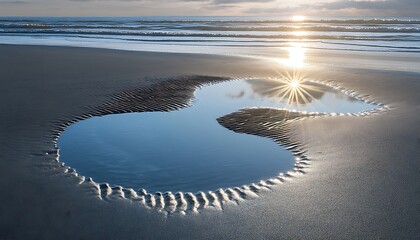 Wall Mural - Sunlight glistening off the wet sand as the waves retreat leaving behind small pools of water reflecting the sky