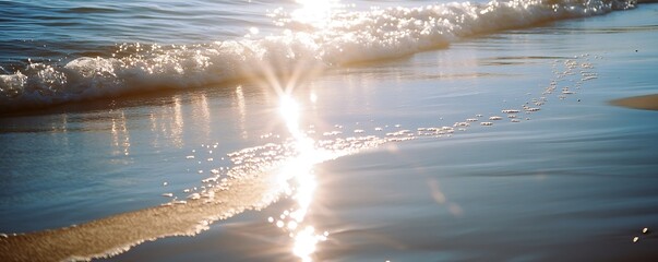 Wall Mural - Sunlight reflecting off the wet sand as gentle waves lap against the shore creating a shimmering peaceful scene