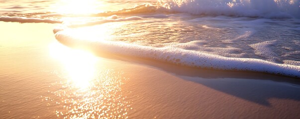 Wall Mural - Sunlight reflecting off wet sand as a gentle wave retreats leaving behind a glistening trail of foam