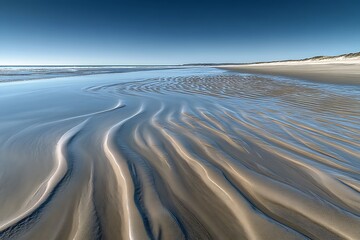 Wall Mural - The ocean tide receding over a smooth sandy beach leaving intricate patterns in the wet sand under a clear sky