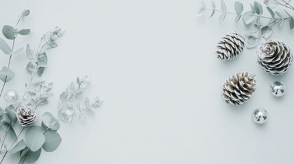 Poster - A serene arrangement of pine cones, silver ornaments, and eucalyptus leaves is displayed against a light backdrop, perfect for creating a cozy winter atmosphere during festive occasions.