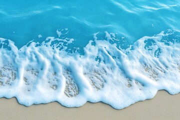 Wall Mural - Vibrant blue water washing up against the shore leaving behind delicate foam patterns on the sand