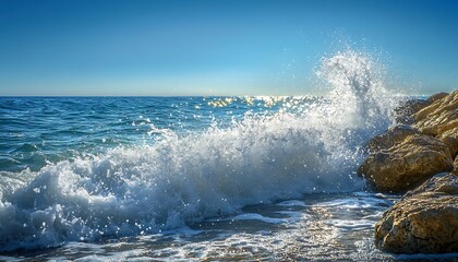 Wall Mural - Waves crashing gently against a rocky shoreline with sea spray catching the sunlight under a clear blue sky