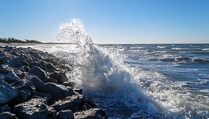 Wall Mural - Waves crashing gently against a rocky shoreline with sea spray catching the sunlight under a clear blue sky